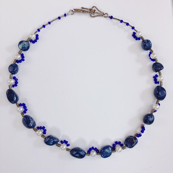 Sodalite Beaded Necklace, 90s Boho Tribal Faux Pearl Gemstone Eclectic Jewelry - Picture 3 of 10